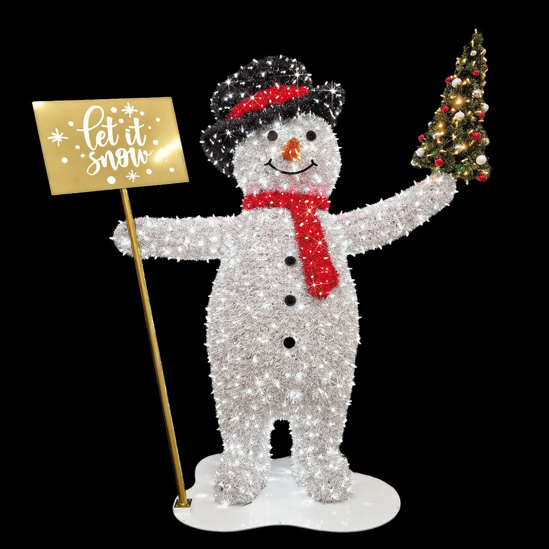 3D Snowman w/Black Tophat Holding Tree and Let It Snow Gold Sign 10.0'