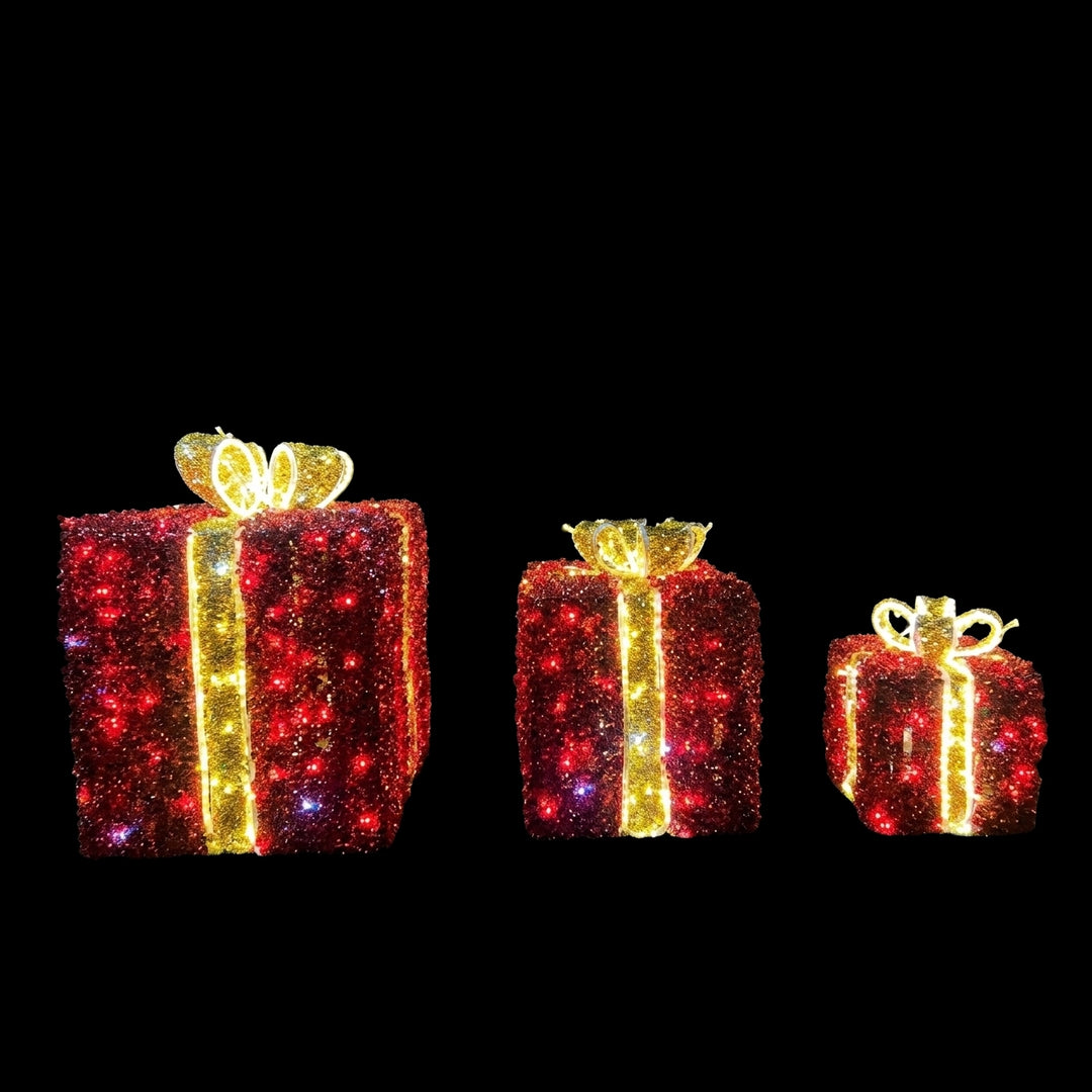 3D Lighted Gift Box 3 pc Set, Red w/Gold Bow, 12"/18"/24"