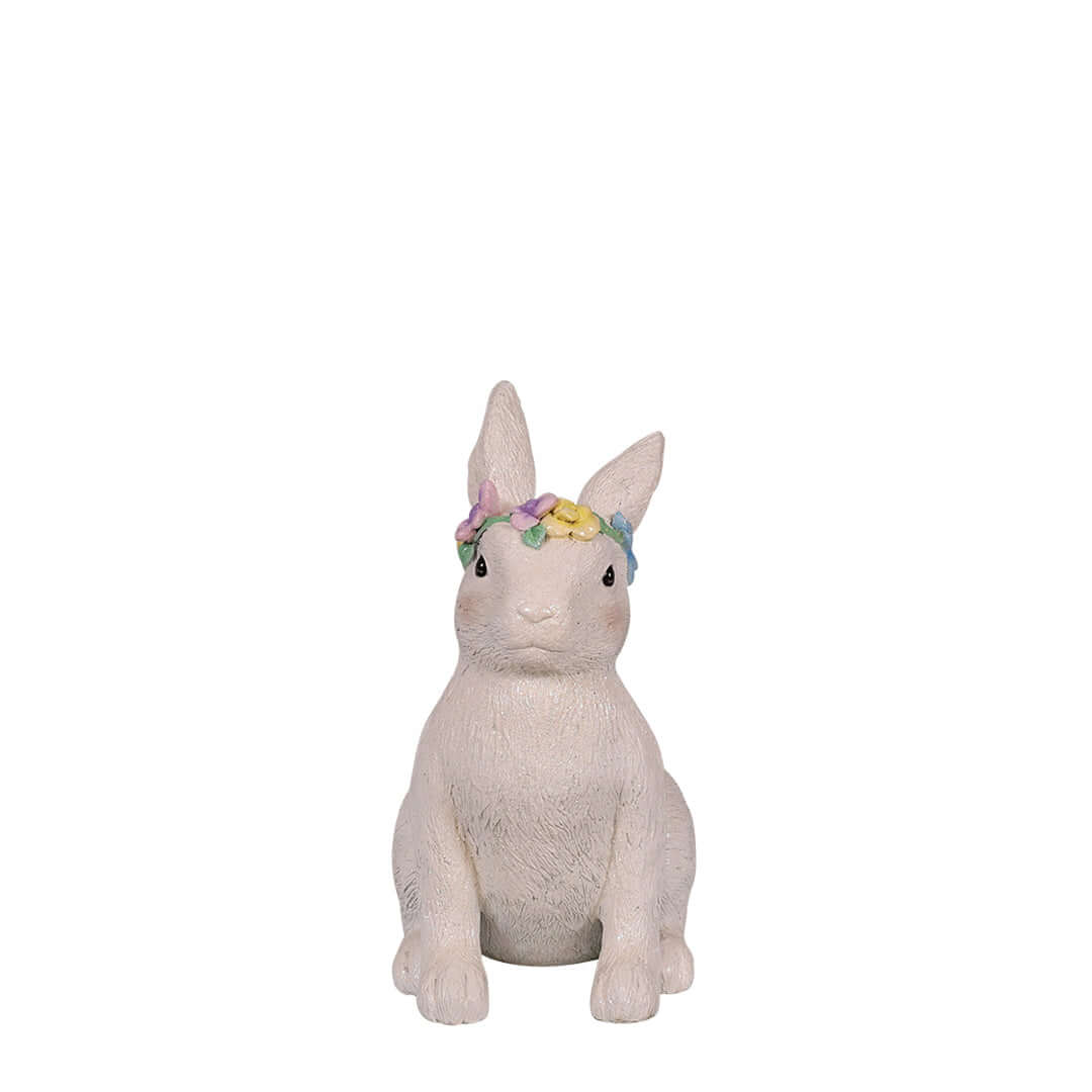 sitting easter bunny statue with flower crown front view