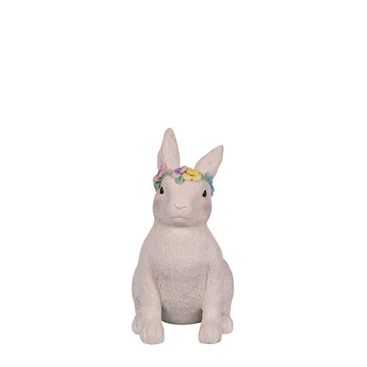 sitting easter bunny statue with flower crown front view