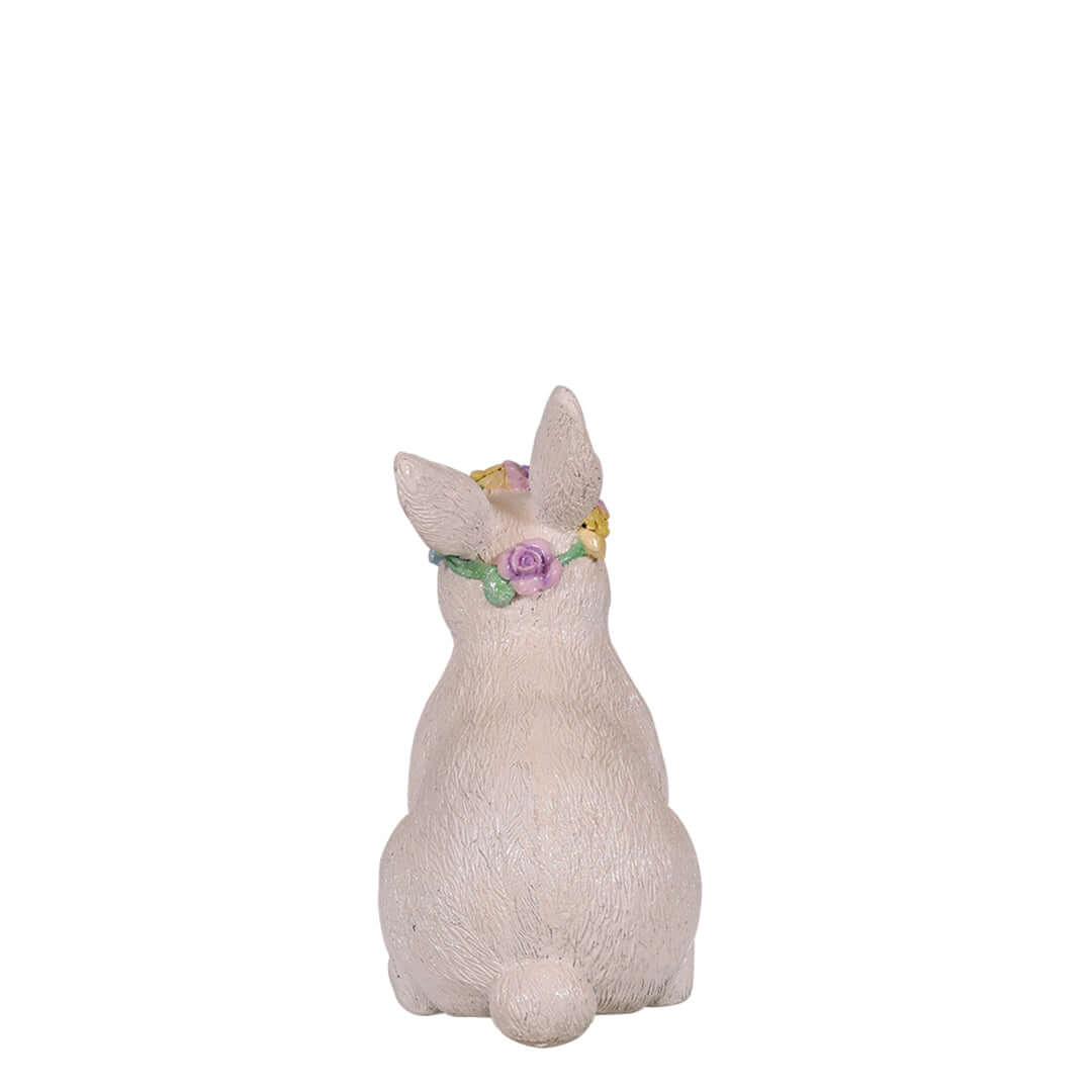sitting easter bunny statue with flower crown back view