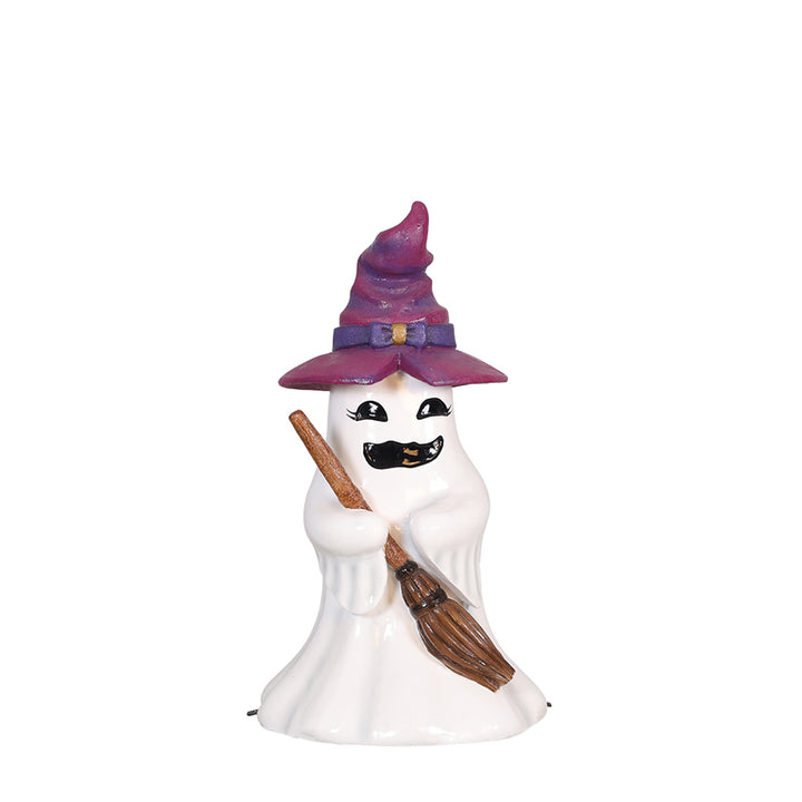 a ghost witch girl holding a broom front view